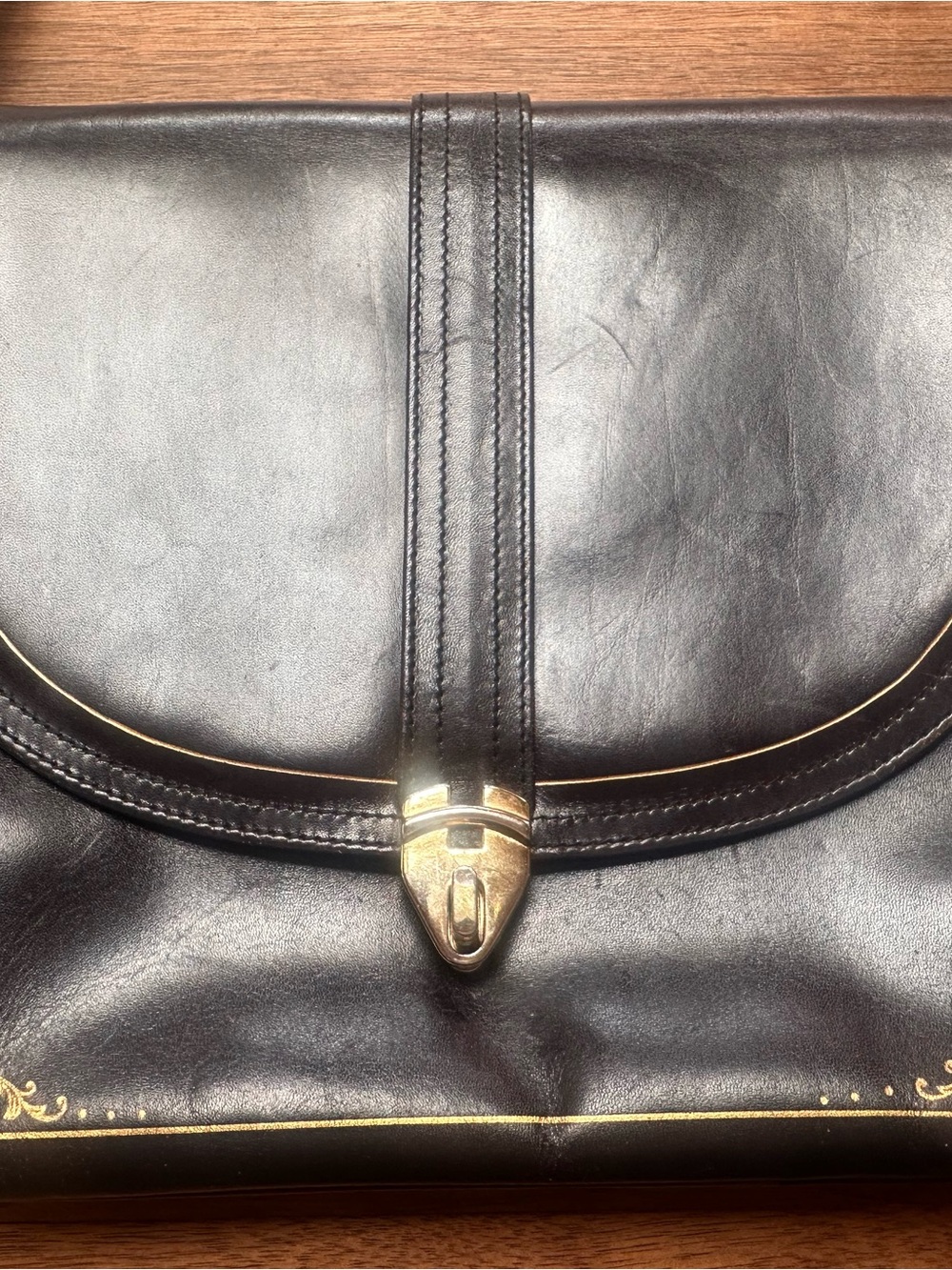 Vintage Italian Florentine Navy Leather Shoulder Bag with Gold Embellishment